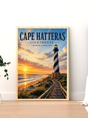 Cape Hatteras Lighthouse Vintage Wall Art | Coastal Decor | Beach House Print |
